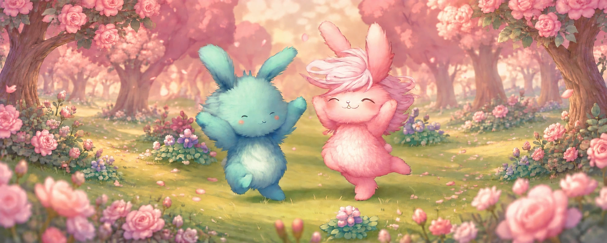 Two fluffy bunnies, turquoise and pink, dance together in a sunlit glade surrounded by flowering rosetrees.
